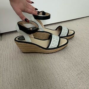 Fly London Black and White Wedge Sandals